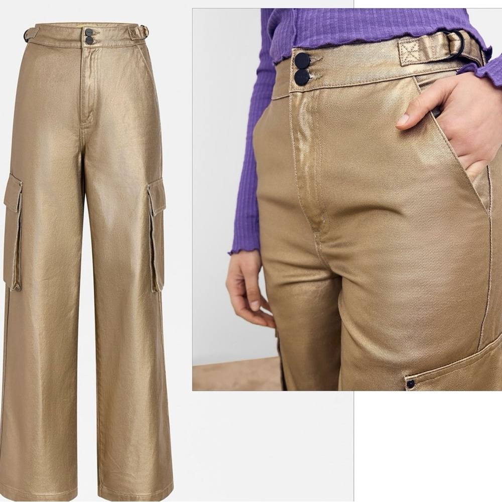 Circus NY metallic gold foil High Rise Slouchy Cargo Denim Jean pants NWT - Picture 3 of 16